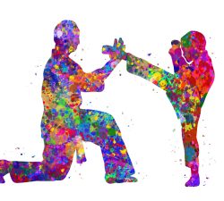 Taekwondo training kids watercolor art, abstract painting. sport